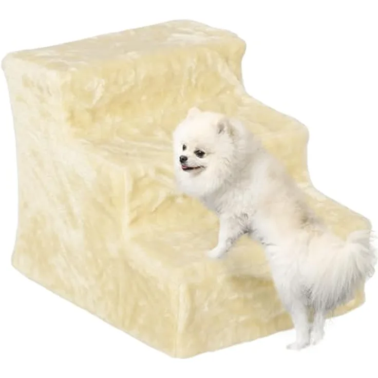 PawHut Hundetreppe 3-stufig, 35 cm Katzentreppe für Bett und Sofa, Haustiertreppe für Hunde und Katzen bis 5 kg, Plüschoptik, Beige.