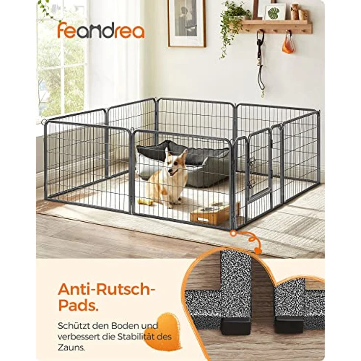 FEANDREA Hundezaun, 8 Platten DIY Hundepark, Doppel-L-Schloss, transportabel, 77 x 60 cm, für Innen, Außen, Terrasse, Hunde, Kaninchen, Hühner, grau – Bild 2
