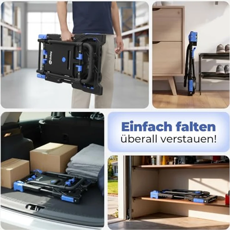 Sekey Sackkarre Alu 2-in-1, Klappbar bis 150 kg Tragkraft, Plattformwagen mit Bremse, ergonomischem Griff, schwarz/blau – Bild 6