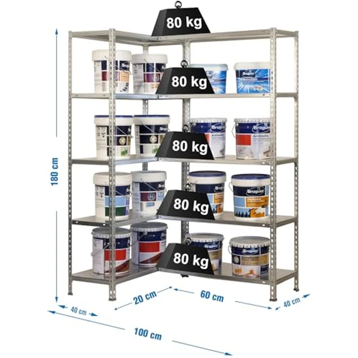 Simonrack Simonclick Eckregal Simoncorner, 180 x 100 x 40 cm, Traglast 80 kg pro Boden, 10 höhenverstellbare Böden, Silber/Silber – Bild 2