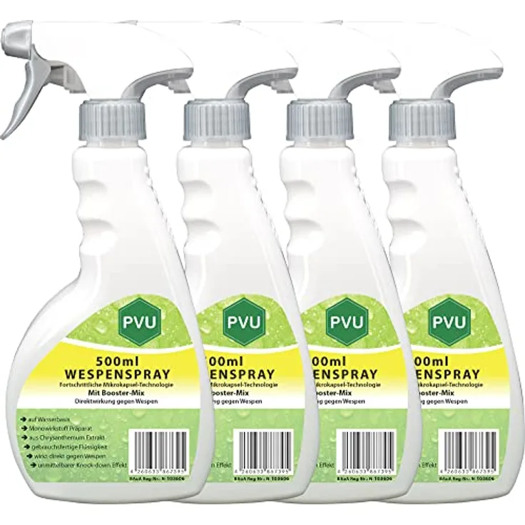 PVU Wespenspray 4x500ml | Hochwirksames Wespengift aus reinen Chrysanthemum Extrakt, formuliert in Deutschland