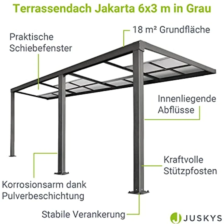 Juskys Terrassenüberdachung 6x3 m mit Schiebedach - Terrassendach aus Aluminium mit Doppelstegplatten - wetterfeste Überdachung mit UV-Schutz - Grau - Preisvergleich – Bild 3