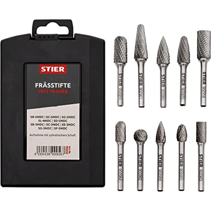 STIER Frässtifte-Set 10-teilig, 6 mm Schaftdurchmesser, Fräsformen: Zylinder Stirnverzahnung Walzenrundform Oval Tropfen Spitzbogen, hohe Schnittgeschwindigkeit 840 m/min – Bild 4
