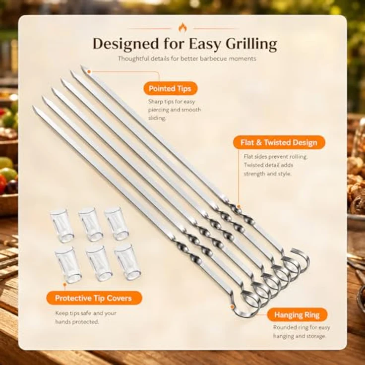 Homealexa Schaschlikspieße Set, 6 Stück 40,5 cm Edelstahl Grillspieße mit 2 Spießhaltern, flache BBQ Spieße für Fleisch und Gemüse, wiederverwendbar und leicht zu reinigen – Bild 5