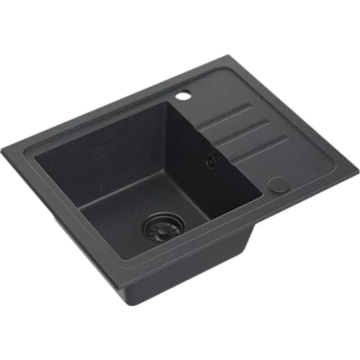 VBChome Spülbecken Granit Schwarz mit Armatur 55 x 44 cm Einzelbecken Einbauspüle Gesprenkelt Reversibel Granitspüle Schwarz Siphon Waschbecken Schwarz Matt Armatur mit Flexiblem Auslauf – Bild 2