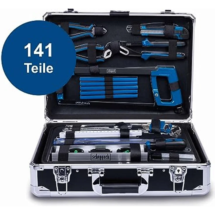 Scheppach TB200 Aluminium Werkzeugkoffer gefüllt 141-tlg Werkzeug Set | Robuster und leichter Werkstattkoffer in Aluminium, ergonomische Werkzeuge aus Chrom-Vanadium-Stahl, mit Soft Grip (blau) – Bild 2