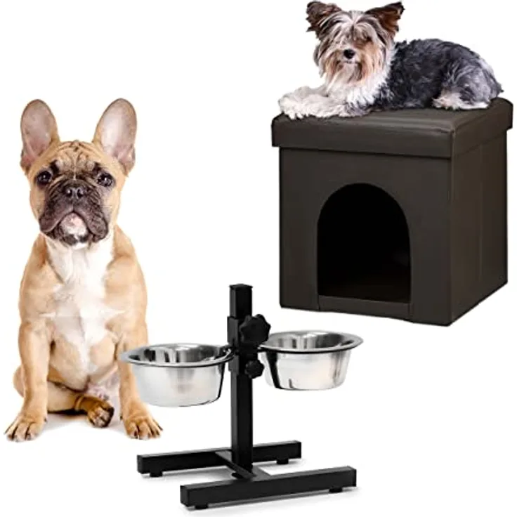 Relaxdays 2 TLG Set Home Sweet Hund Deluxe M, Hundebox braun, Sitzhocker mit Tierhöhle, Doppelnapf höhenverstellbar, Futterstation