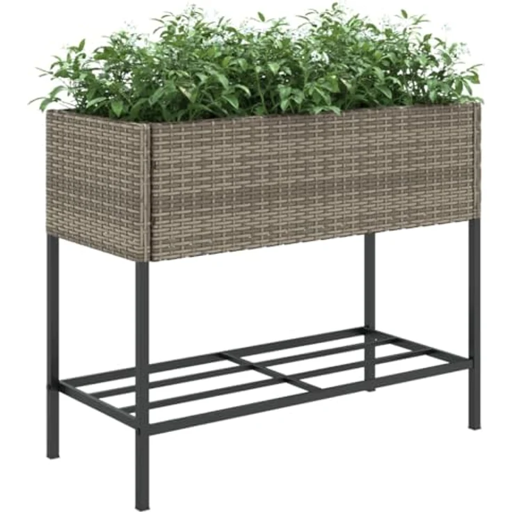 vidaXL Pflanzkübel mit Ablage Grau Poly Rattan, Outdoor Blumenkübel mit robustem Stahlgestell und praktischer Ablage – Bild 4