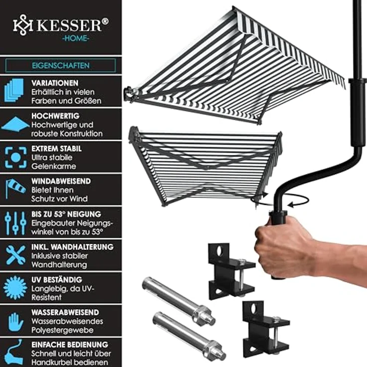 KESSER® Gelenkarmmarkise 250 x 200 cm, wasserabweisende Terrassenmarkise mit Wandhalterung, Alu/Polyester in Weiß/Anthrazit – Bild 2