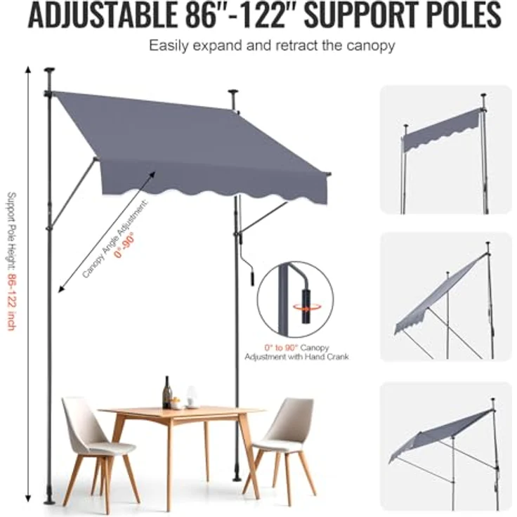 VEVOR Klemmmarkise 150 x 120 cm, Balkonmarkise mit Handkurbel, Sonnenmarkise, Höhenverstellbar von 218 bis 309 cm, Grau – Bild 4