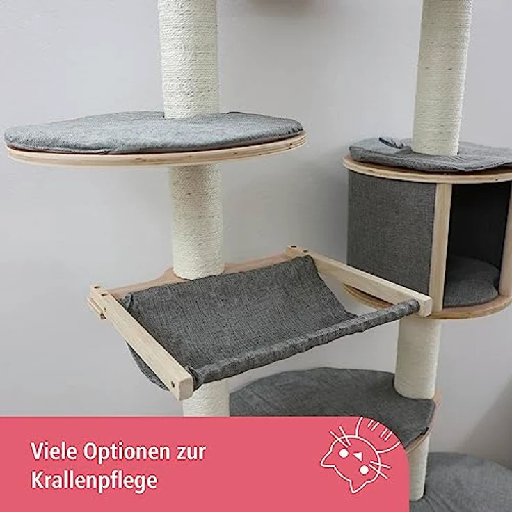 Kerbl Wandkratzbaum Dolomit XL Tofana, 1x Höhle / 1x Hängematte / 1x Bett / 4x Liegefläche / 7x Kratzsäulen mit Sisal, Abnehmbare Webstoffkissen, 185 x 115 cm, Grau - Preisvergleich – Bild 3