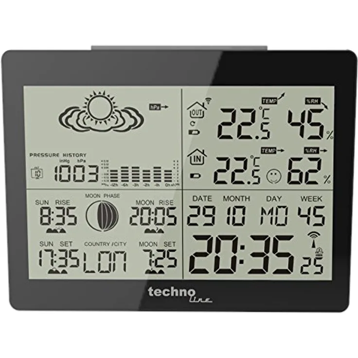 Technoline WS 6760 moderne Wetterstation mit Vorhersage von Wettersituation und Anzeige von Mondphasen in Form von Icons, hochglanz, schwarz, 17,1 x 5 x 12,3 cm