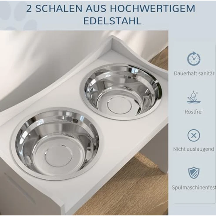 PawHut Futternapf Höhenverstellbar, Erhöhtes Futterstation mit 2L Futterschale aus Edelstahl, mit Futterständer, Griff, Hundebar für alle Hundegrößen, Weiß – Bild 3