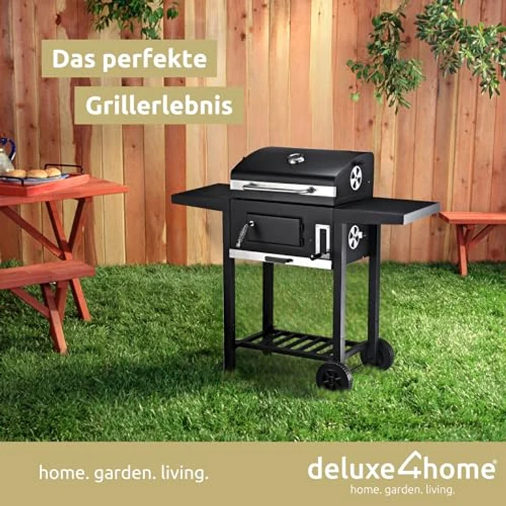 deluxe4home® Grillwagen XXL Holzkohlegrill mit Deckel I Grill Rollbar mit seitlicher Ablage I inkl. Grillhandschuh I Rollgrill Standgrill – Bild 2