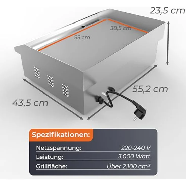 KLAMER Elektrogrill XL, 3000W Edelstahl mit 54,5x38,5 cm Grillplatte, stufenlos einstellbar 50–300°C, mit Spritzschutz und Auffangbehälter für Balkon & Gastronomie – Bild 4