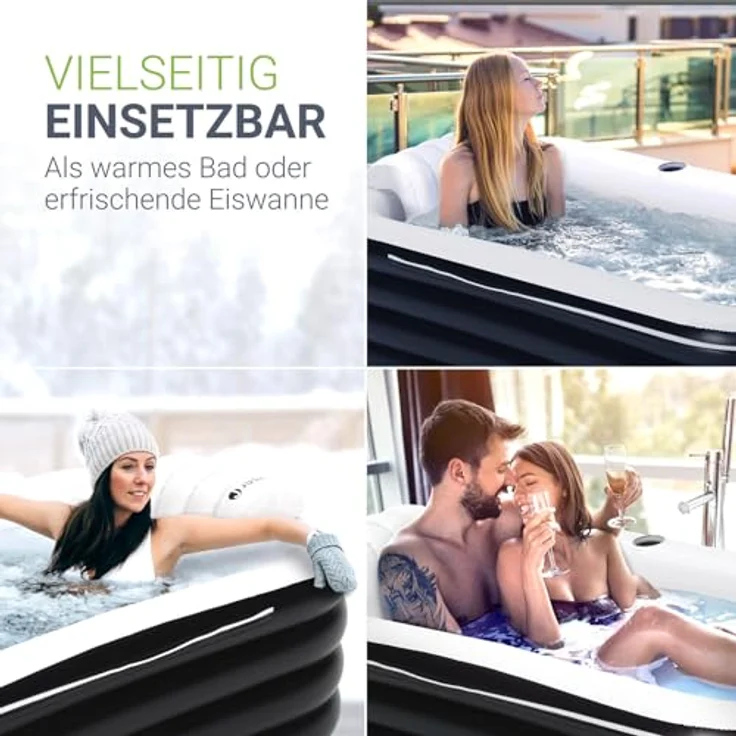 Juskys Aufblasbare Badewanne M, 300 L, platzsparend mit Rückenlehne, Pumpe und Abdeckung, Schwarz/Weiß – Bild 6