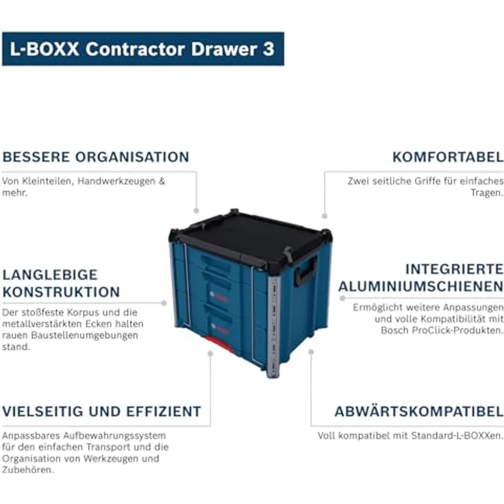 Bosch Professional L-BOXX Contractor Drawer 3, Werkzeugkoffer mit 1 niedriger und 2 hohen Schubladen, stoßfest, stapelbar, zwei seitliche Griffe – Bild 2