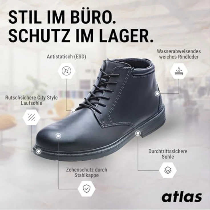 Atlas CX 545 ESD, knöchelhoher Sicherheitsschuh S2 W10, Größe 42 mit Rindleder, durchtritthemmender Stahlzwischensohle und MPU-REBOUND-SYSTEM – Bild 2