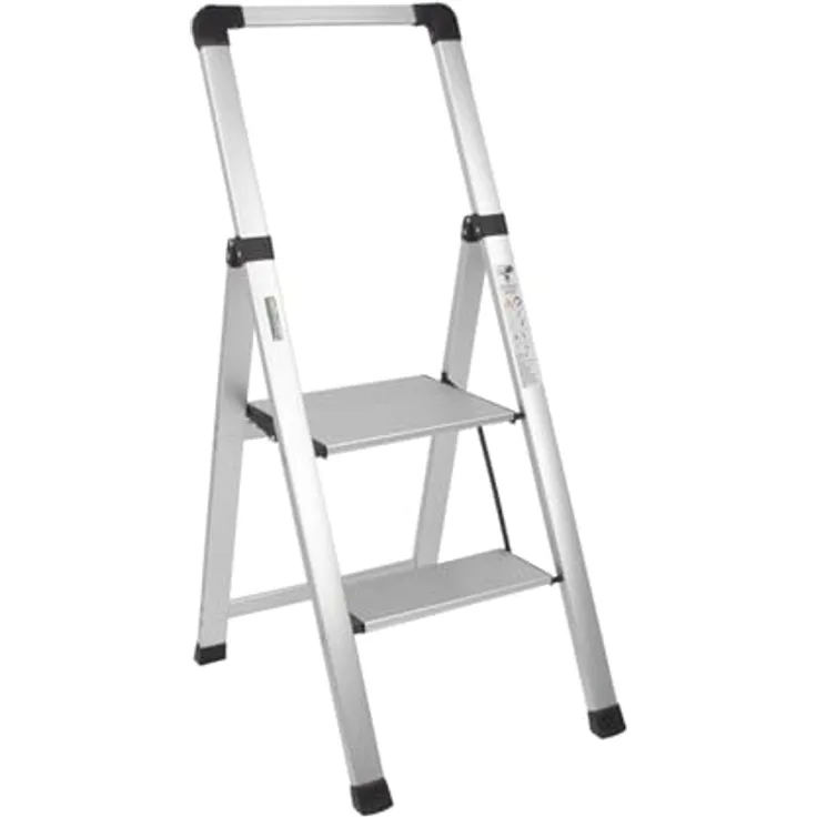 TRUTZHOLM Alu Trittleiter 2-stufig klappbar, bis 150 kg Traglast, Aluminium Silber, Anti-Rutsch Trittflächen, TÜV/GS geprüft, leicht mit Handgriff, platzsparend, 3,2 kg
