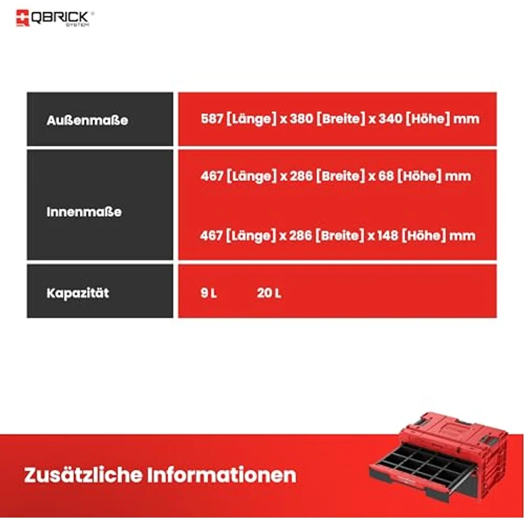QBRICK System ONE Drawer 2 Plus Toolbox 2.0, modularer Werkzeugkoffer in Rot, 29L Gesamtvolumen, mit zwei Schubladen und Trennwänden – Bild 5