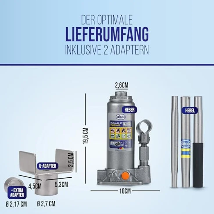alca® hydraulischer Wagenheber 3t mit U-Adapter, Stempelwagenheber aus Stahl, Hubhöhe 195–380 mm, stabiler Autoheber für PKW, SUV, Transporter, silber-graue Optik, schont empfindliche Fahrzeugteile – Bild 4