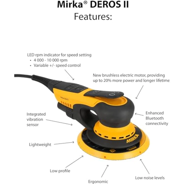 Mirka DEROS II 625, Exzenter-Schleifer mit Absaugung für Ø 150mm Schleifpapier, 400W Motor, 2,5mm Hub, vibrationsarm, inkl. Bluetooth und LED-Indikatoren, MID6254044 – Bild 3