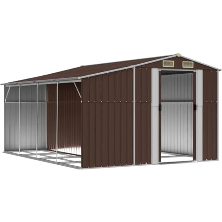 vidaXL Gerätehaus, Gartenhaus mit Schrägdach Griffe, Gartenschuppen Schuppen mit Stauraum, Geräteschuppen Metallschuppen, Braun 277x365,5x179 cm Verzinkter Stahl – Bild 3