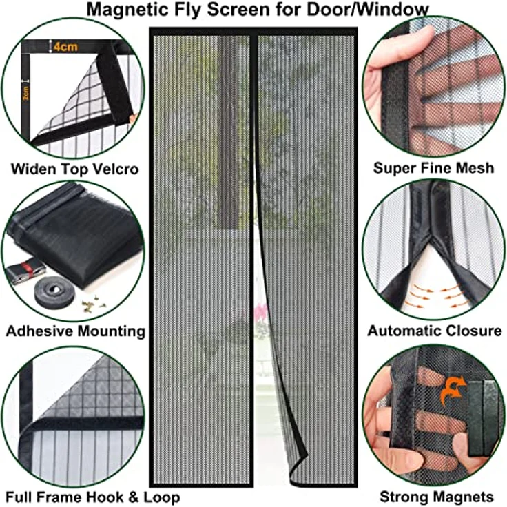 Risareyi Magnet Fliegengitter Tür 120x210cm, Schwarz, Insektenschutz ohne Bohren mit automatischem Schließen und Klettband für Terrassentür – Bild 3