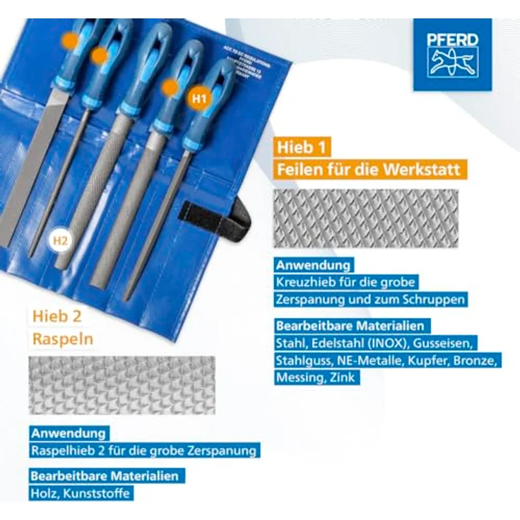 Pferd 11800520 Werkstattfeilen H 1 520 Wr in Rolltasche 200mm, Kreuzhieb H1 - Raspelhieb H2, Länge – Bild 5