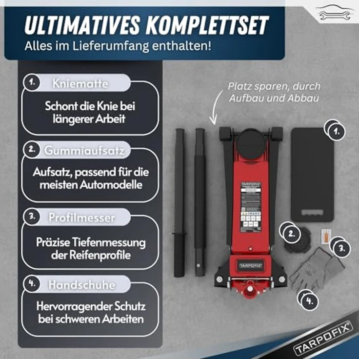 Tarpofix Hydraulischer Wagenheber 3T – Flacher Rangierwagenheber für Auto & SUV, Hubhöhe 85 - 475 mm, mit Gummiauflage & Handschuhen – Bild 5