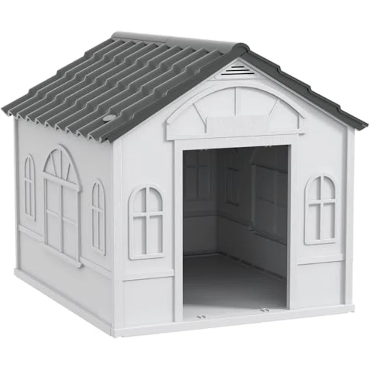 PawHut Hundehütte, Hundehaus mit Satteldach, wetterfest für mittelgroße Hunde unter 20 kg, Outdoor, 65 x 75,7 x 63 cm, Grau – Bild 1