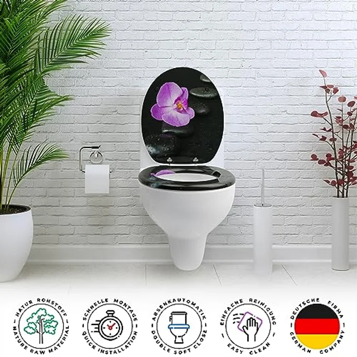 Sanfino WC Sitz Way of Orchid, Toilettendeckel aus Holz mit Absenkautomatik, schwarz, verchromte Metallscharniere, einfache Montage, 43,5 x 37,5 cm – Bild 4