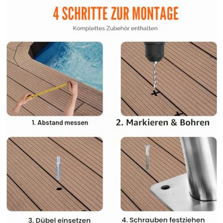 VEVOR Pool-Handlauf, 2 Stk., Edelstahl Pooleinstieg mit Grundplatte, 1395 x 810 x 100 mm, Haltegriff für Innen-/Außenpools, silberweiß – Bild 5