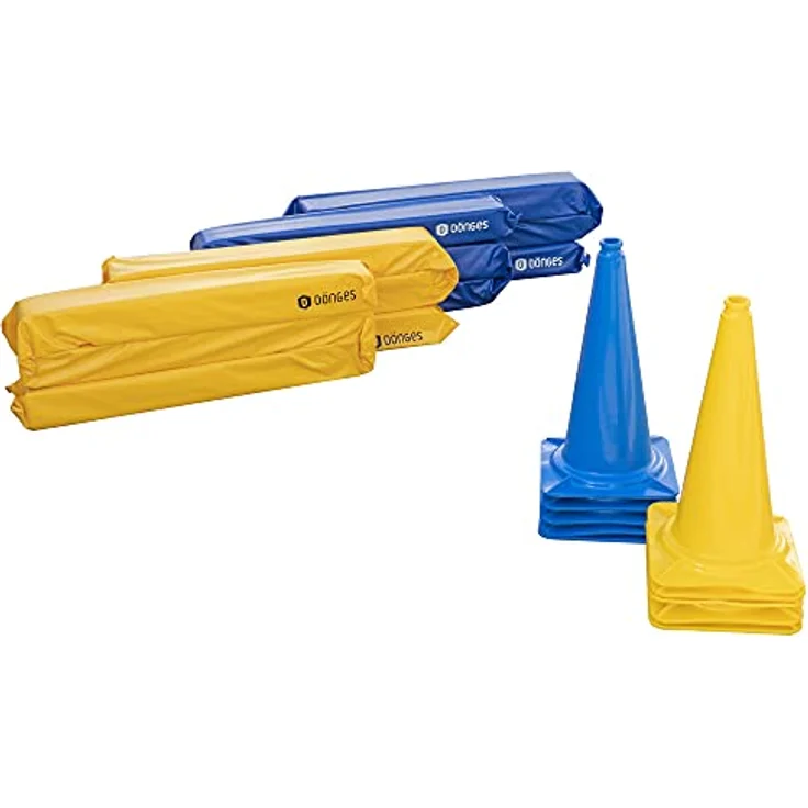 Dönges Pferdegasse Set mit 10 XXL Pylonen Blau Gelb + 4 gefüllte Balken inkl. Tragetasche - Richtläufer und Leitkegel Übungsstange Trabstange Pferdeausbildung Bodenarbeit Softstange – Bild 4