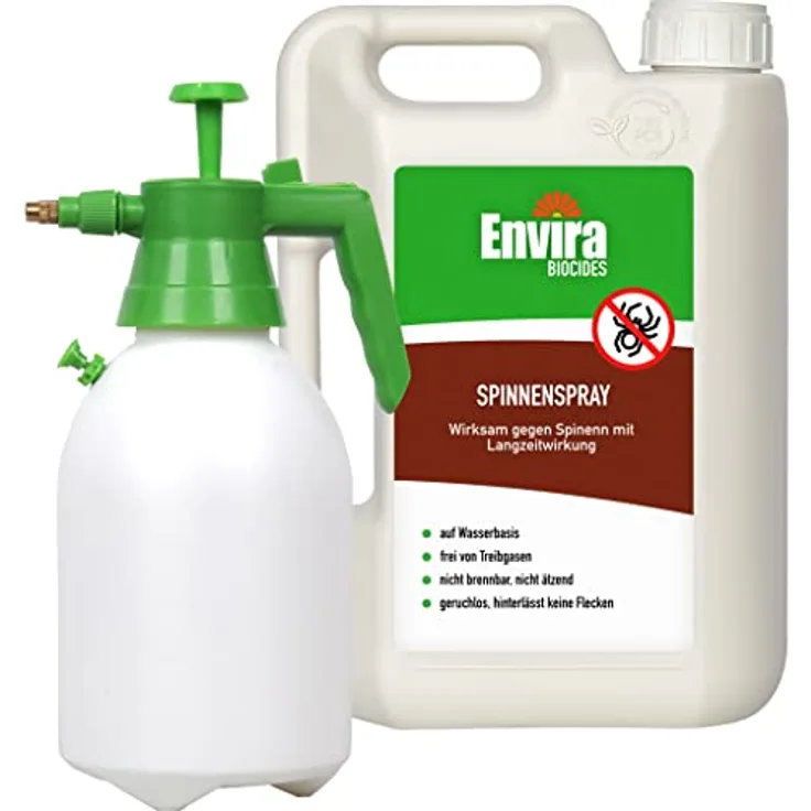 Envira Spinnen-Spray - Spinnenabwehr für Außen und Innen - 2 Liter + 2L Drucksprüher - Anti Spinnenspray mit Langzeitwirkung - Spinnen vertreiben im Haus & im Garten - Geruchlos & Auf Wasserbasis
