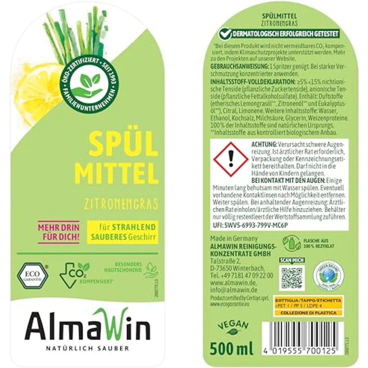 Almawin Spülmittel Zitronengras 500ml, hochkonzentriertes Geschirrspülmittel mit frischem Zitrusduft, klimaneutral und vegan – Bild 8