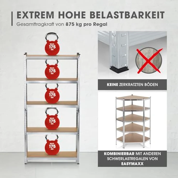 EASYmaxx Schwerlastregal 180x90x40 cm, 875 kg Traglast, 175 kg pro Ebene, Regal und Werkbank, Kellerregal Lagerregal, 5 verstellbare Ablagen – Bild 4