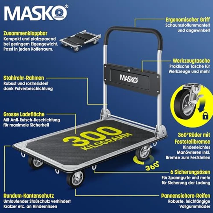 MASKO Plattformwagen Transportwagen Klappbar, robuster Stahlrahmen, 300 kg Tragfähigkeit, inklusive Arbeitshandschuhe – Bild 2
