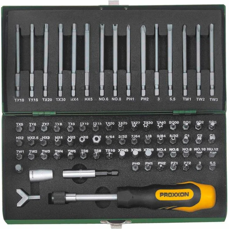 Proxxon Sicherheits- und Spezialbitsatz 1/4'' 75teilig Stahl Bit-Set Sicherheits- und Spezial-Bitsatz / Innensechskant-Bits / Klauenschlüssel-Bits / Kreuzschraubendreher-Bits / Schlitzschraubendreher-Bits in Stahlbox – Bild 1