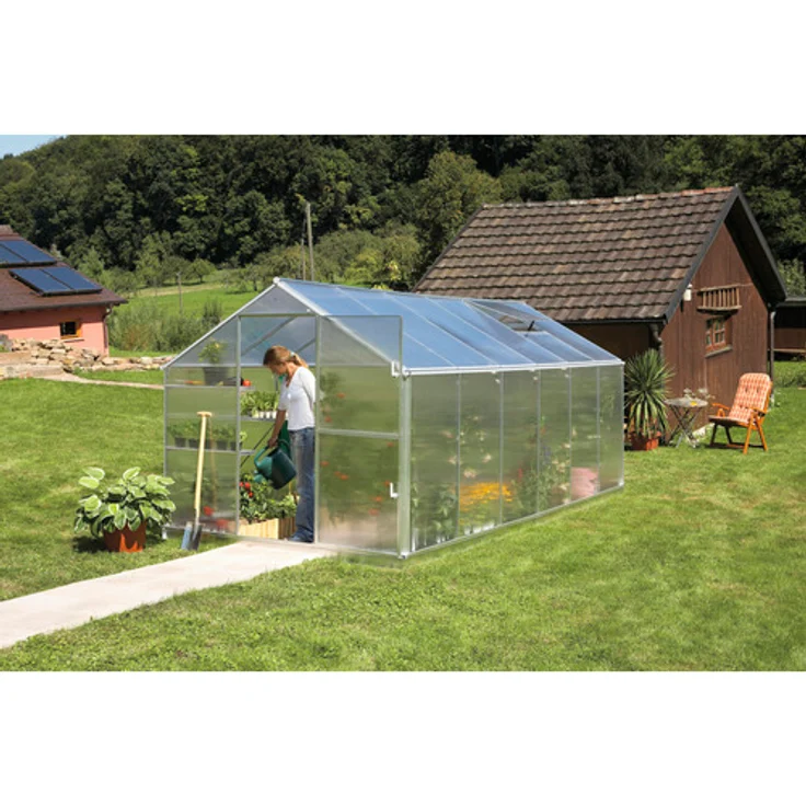 Gutta Gewächshaus F6, Aluminium 448 x 227 cm mit 6 mm Hohlkammerplatten und Fundamentrahmen, silber