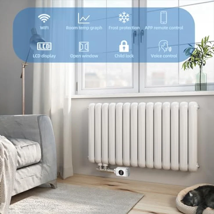 SALCAR TRV801W Heizkörperthermostat, Smart LCD WiFi Thermostat mit Sprachsteuerung für Amazon Alexa & Google Home, energieeffizient ohne Gateway, inklusive 6 Adapter und Batterien – Bild 2