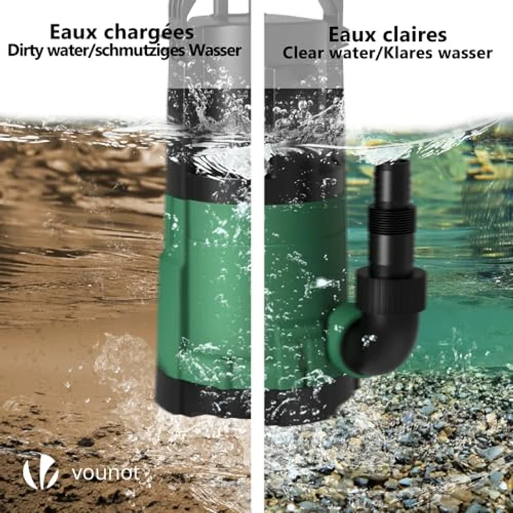 VOUNOT 3-in-1 Tauchpumpe mit Schwimmerschalter, Schmutzwasserpumpe Flachsaugend, 13500 l/h, Förderhöhe max 7.5 m, Eintauchtiefe max. 7 m, Verstellbar für Schmutz- & Klarwasser, 10 m Anschlusskabel, PPGF 30 - Robust und effizient - VOUNOT Tauchpumpe – Bild 3