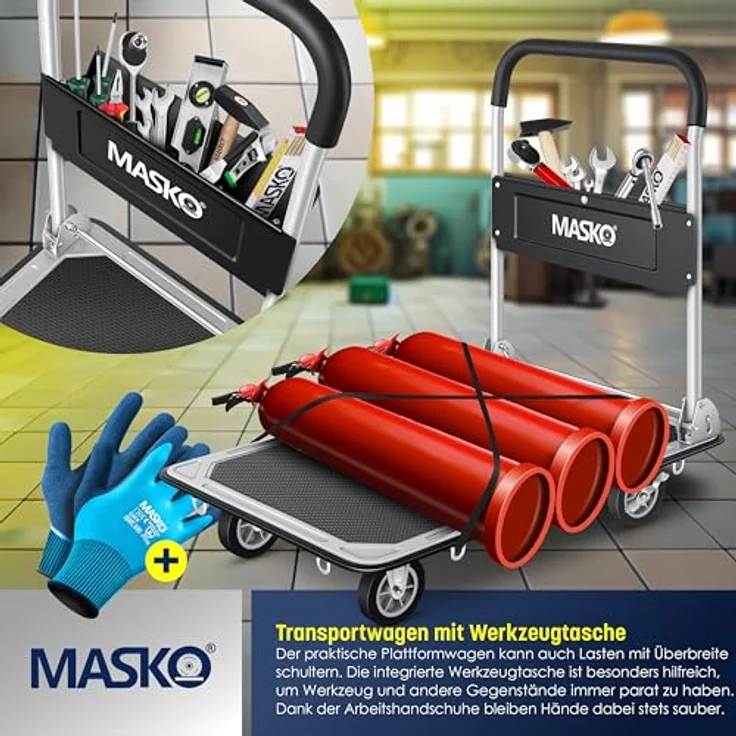 MASKO Plattformwagen Transportwagen Klappbar, robuster Stahlrahmen, 300 kg Tragfähigkeit, inklusive Arbeitshandschuhe – Bild 4