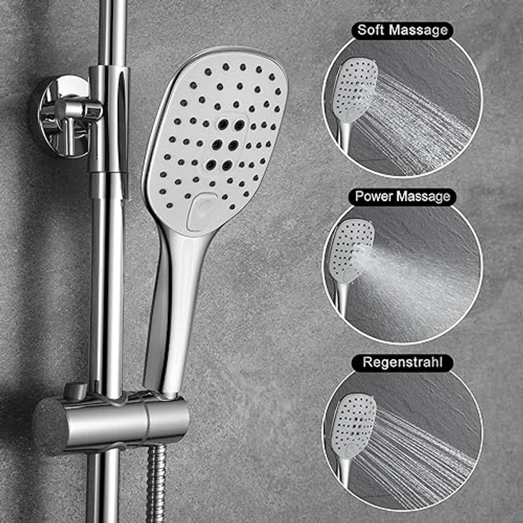 Görbach Regendusche Duschsystem mit Thermostat, Kopfbrause 25x25 cm, Edelstahl, 3 Strahlarten, Chrom – Bild 3