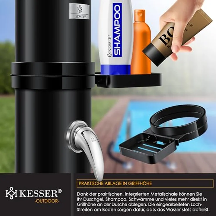 KESSER Solar Gartendusche Solardusche Bogen Inkl. Schutzhaube warmes Wasser 20 Liter max. 60°C ohne Stromanschluss Pooldusche Camping Regenduschkopf und Wasserhahn Gartenschlauch-Anschluss Schwarz - 35 Liter - Preisvergleich – Bild 8