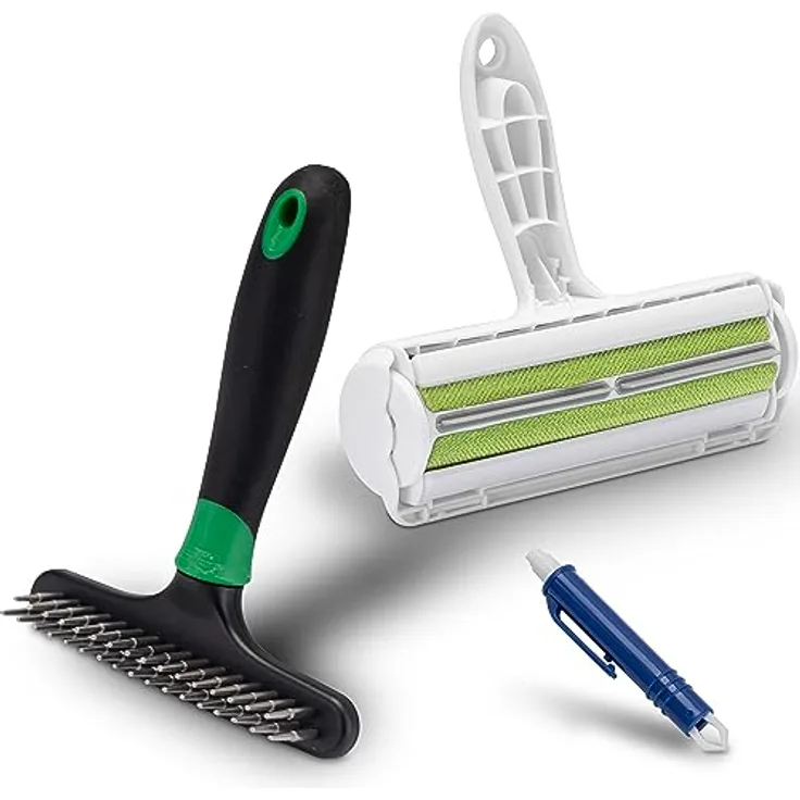 FinoPet 3er Entfilzungs-Set Entfilzungsstriegel als Hundebürste/Katzenbürste, XL Fusselrolle und Zeckenzange, Entfilzungshaken für alle Tiergrößen, Tierhaarentferner, Automatische Zeckenentfernung