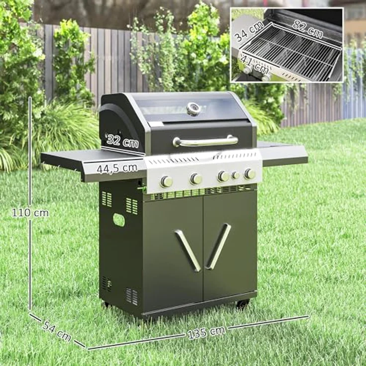 Outsunny Gasgrill 12 KW Grillwagen, 5 Brenner mit Seitenkocher, 2 Heizzonen, Thermometer und Seitenablagen, BBQ Gartengrill für Balkon, 135 x 54 x 110 cm – Bild 5