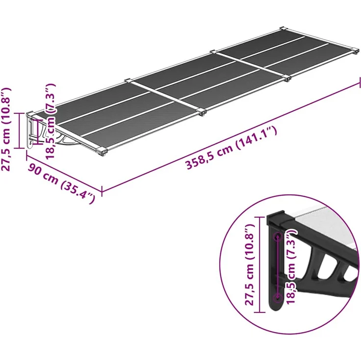 vidaXL Türvordach Schwarz und Transparent 358,5x90 cm Polycarbonat, wetterfest und langlebig – Bild 1