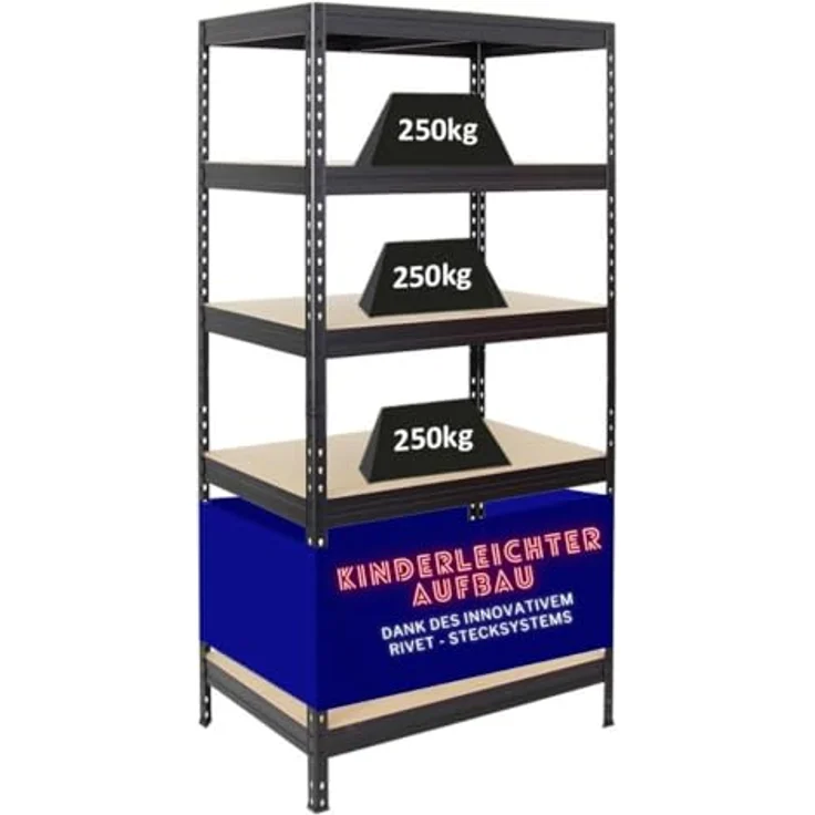Proregal Schwerlastregal Rivet, 180 x 90 x 60 cm, 5 Böden, Traglast 250 kg pro Boden, Schwarz – Bild 1