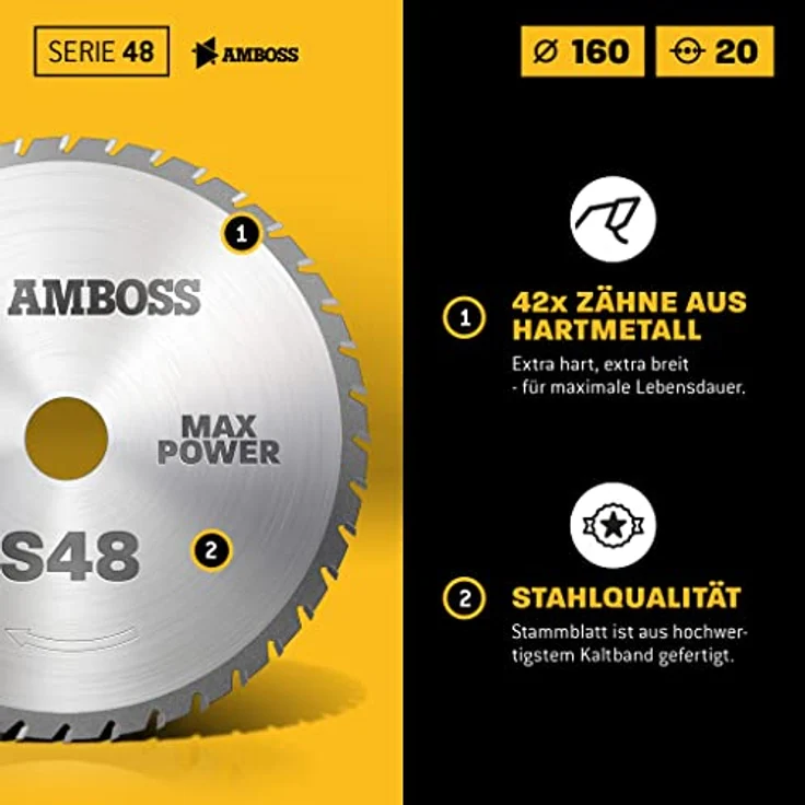 Universal Kreissägeblatt - AMBOSS Werkzeuge - 160 x 20/16 mm (42 Zähne) - Hochwertige Multifunktions-Kreissägeblätter aus Hartmetall - Zum Sägen von Holz, Metall & Kunststoff… – Bild 4